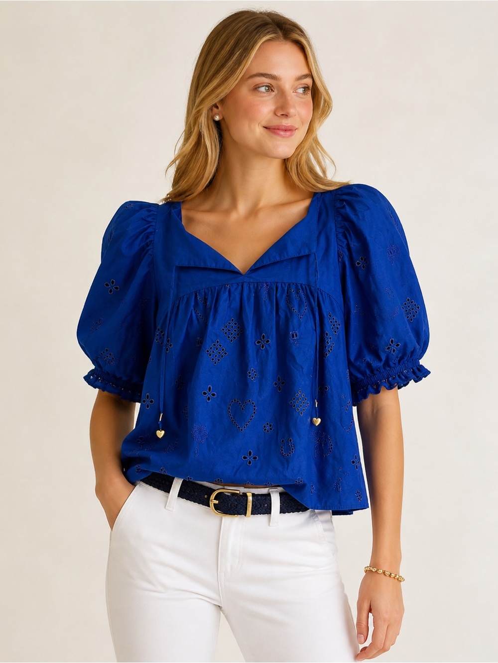 KERRI ROSENTHAL Blue Cotton Eyelet Puff Sleeve Blouse Size Small